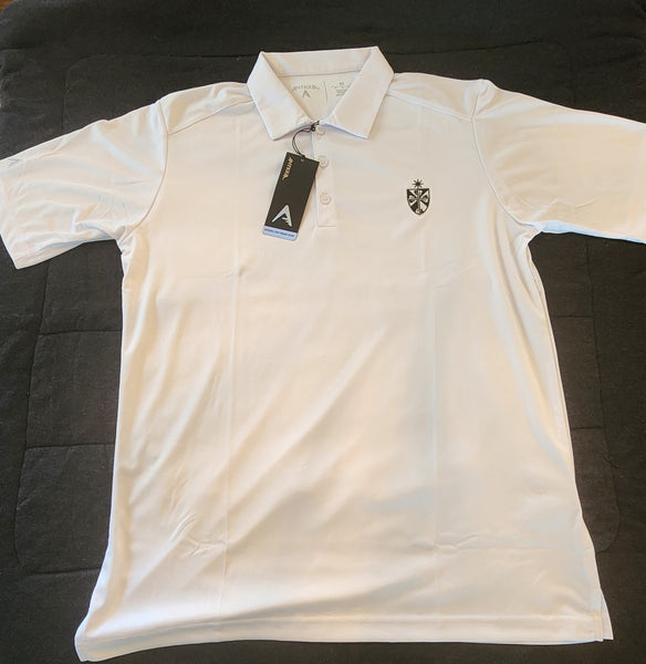 White Embroidered Shield Antigua Brand Golf Shirt