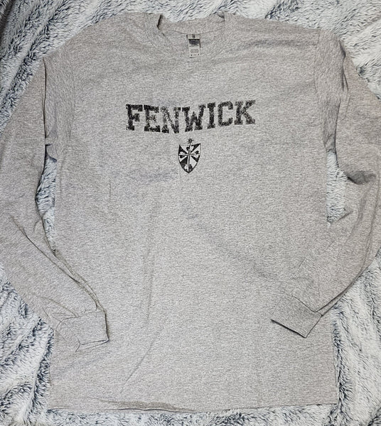 Gray Long Sleeve Distressed Fenwick logo T Shirt