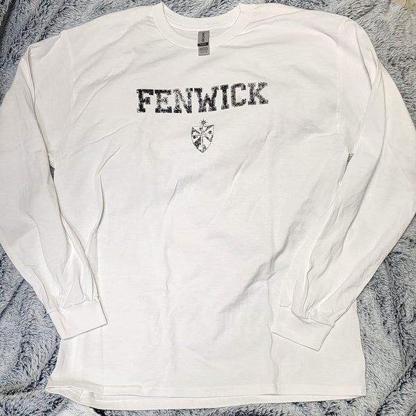 White Long Sleeve Distressed Fenwick logo T Shirt